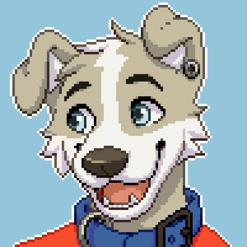 an anthropomorphic vaguely-husky dog looking off to the side and smiling